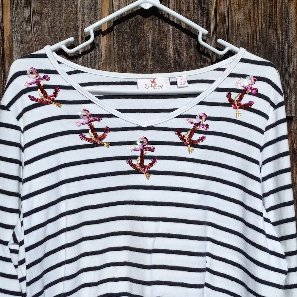 Quacker Factory Tunic‎ Nautical Sequin Anchors V Neck Blouse Stripes Black White